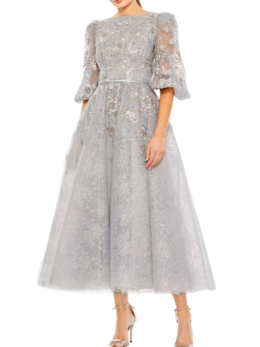 NWT Mac Duggal Sz 10 Platinum Lace Midi Dress with Puff Sleeves 20418